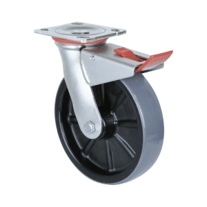 H Series castor, 200mm x 48mm polyurethane (PU) on nylon wheel, 500 kg load rating, plain bearing, North American (NA) swivel plate, zinc fork with total brake.