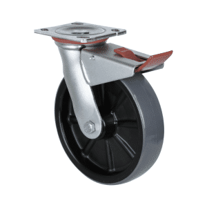 H Series castor, 200mm x 48mm polyurethane (PU) on nylon wheel, 500 kg load rating, plain bearing, swivel plate, zinc fork with total brake.