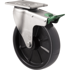O Series castor, 200mm x 48mm polyurethane (PU) on nylon wheel, 500 kg load rating, plain bearing, swivel plate, zinc fork, direction lock.