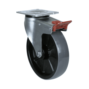O Series castor, 200mm x 48mm polyurethane (PU) on nylon wheel, 500 kg load rating, plain bearing, North American (NA) swivel plate, zinc fork with total brake.