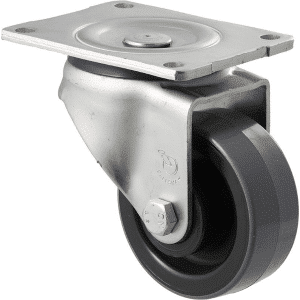 O Series castor, 100mm x 40mm polyurethane (PU) on nylon wheel, roller bearing, swivel plate, zinc fork, 300 kg load rating.