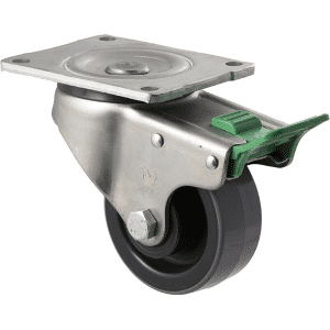 O Series castor, 100mm x 40mm polyurethane (PU) on nylon wheel, roller bearing, swivel plate, direction lock, zinc fork, 300 kg load rating.