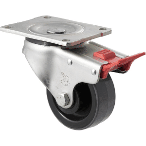 O Series castor, 100mm x 40mm polyurethane (PU) on nylon wheel, roller bearing, North American (NA) swivel plate, total brake, zinc fork, 300 kg load rating.