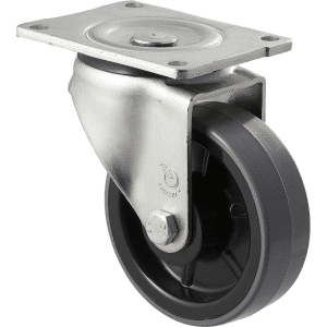 O Series castor, 125mm x 40mm polyurethane (PU) on nylon wheel, roller bearing, swivel plate, zinc fork, 350 kg load rating.