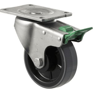 O Series castor, 125mm x 40mm polyurethane (PU) on nylon wheel, roller bearing, swivel plate, direction lock, zinc fork, 350 kg load rating.