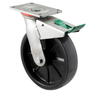 H Series castor, 200mm x 48mm polyurethane (PU) on nylon wheel, roller bearing, North American (NA) swivel plate, direction lock, zinc fork, 500 kg load rating.
