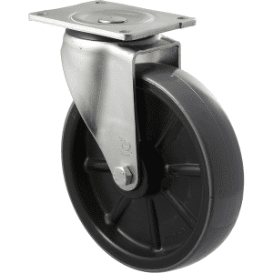 O Series castor, 200mm x 48mm polyurethane (PU) on nylon wheel, roller bearing, swivel plate, zinc fork, 500 kg load rating.