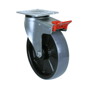 O Series castor, 200mm x 48mm polyurethane (PU) on nylon wheel, roller bearing, North American (NA) swivel plate, total brake, zinc fork, 500 kg load rating.