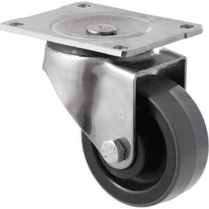 O Series stainless steel specialised castor, 100mm x 40mm polyurethane (PU) on nylon wheel, SS roller bearing, swivel plate, 300 kg load rating