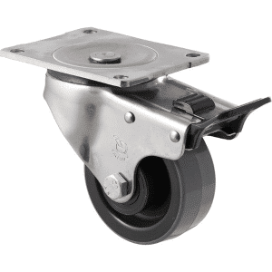 O Series stainless steel specialised castor, 100mm x 40mm polyurethane (PU) on nylon wheel, SS roller bearing, swivel plate, total brake, 300 kg load rating