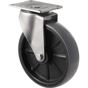 O Series stainless steel specialised castor, 200mm x 48mm polyurethane (PU) on nylon wheel, SS roller bearing, swivel plate, 500 kg load rating