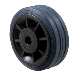 J Series castor, 100mm x 32mm blue high-resilience (hi-res) rubber wheel, plain bearing, fixed plate, zinc fork, 150 kg load rating.