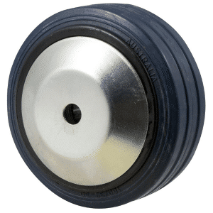 J Series, 100mm x 32mm blue high-resilience (hi-res) rubber wheel, thread guard, plain bearing, 150 kg load rating.