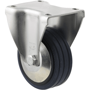 J Series castor, 100mm x 32mm blue high-resilience (hi-res) rubber wheel, thread guard, plain bearing, fixed plate, zinc fork, 150 kg load rating.