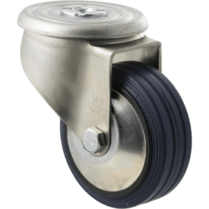 J Series castor, 100mm x 32mm blue high-resilience (hi-res) rubber wheel, thread guard, plain bearing, swivel bolt hole, zinc fork, 150 kg load rating.