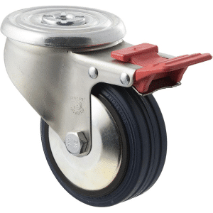 J Series castor, 100mm x 32mm blue high-resilience (hi-res) rubber wheel, thread guard, plain bearing, swivel bolt hole, total brake, zinc fork, 150 kg load rating.