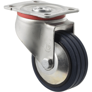J Series castor, 100mm x 32mm blue high-resilience (hi-res) rubber wheel, thread guard, plain bearing, swivel plate, zinc fork, 150 kg load rating.