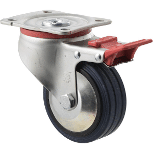 J Series castor, 100mm x 32mm blue high-resilience (hi-res) rubber wheel, thread guard, plain bearing, swivel plate, total brake, zinc fork, 150 kg load rating.