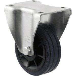 J Series castor, 100mm x 32mm blue high-resilience (hi-res) rubber wheel, plain bearing, fixed plate, zinc fork, 150 kg load rating.