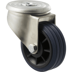 J Series castor, 100mm x 32mm blue high-resilience (hi-res) rubber wheel, plain bearing, swivel bolt hole, zinc fork, 150 kg load rating.