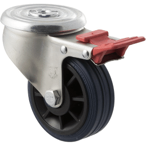 J Series castor, 100mm x 32mm blue high-resilience (hi-res) rubber wheel, plain bearing, swivel bolt hole, total brake, zinc fork, 150 kg load rating.