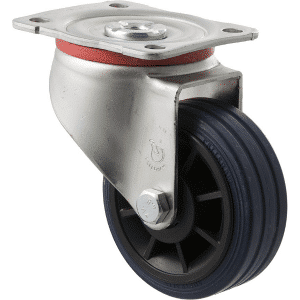J Series castor, 100mm x 32mm blue high-resilience (hi-res) rubber wheel, plain bearing, swivel plate, zinc fork, 150 kg load rating.