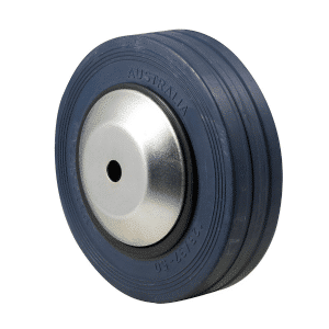 J Series, 125mm x 32mm blue high-resilience (hi-res) rubber wheel, thread guard, plain bearing, 180 kg load rating.