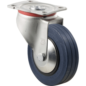 J Series castor, 125mm x 32mm blue high-resilience (hi-res) rubber wheel, thread guard, plain bearing, swivel plate, zinc fork, 180 kg load rating.