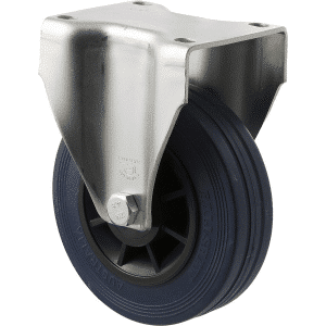 J Series castor, 125mm x 32mm blue high-resilience (hi-res) rubber wheel, plain bearing, fixed plate, zinc fork, 180 kg load rating.