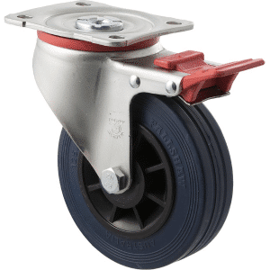 J Series castor, 125mm x 32mm blue high-resilience (hi-res) rubber wheel, plain bearing, swivel plate, total brake, zinc fork, 180 kg load rating.