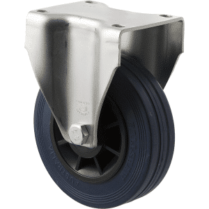 J Series castor, 125mm x 32mm blue high-resilience (hi-res) rubber wheel, plain bearing, fixed plate, zinc fork, 180 kg load rating.