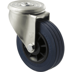 J Series castor, 125mm x 32mm blue high-resilience (hi-res) rubber wheel, plain bearing, swivel bolt hole, zinc fork, 180 kg load rating.