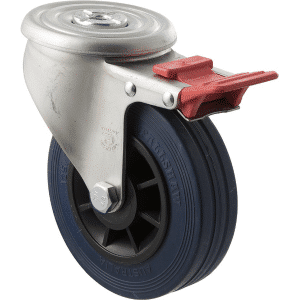 J Series castor, 125mm x 32mm blue high-resilience (hi-res) rubber wheel, plain bearing, swivel bolt hole, total brake, zinc fork, 180 kg load rating.