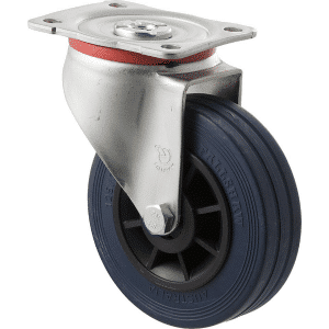 J Series castor, 125mm x 32mm blue high-resilience (hi-res) rubber wheel, plain bearing, swivel plate, zinc fork, 180 kg load rating.