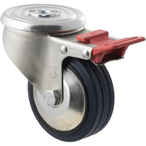 J Series castor, 100mm x 32mm blue high-resilience (hi-res) rubber wheel, thread guard, roller bearing, swivel bolt hole, total brake, zinc fork, 150 kg load rating.