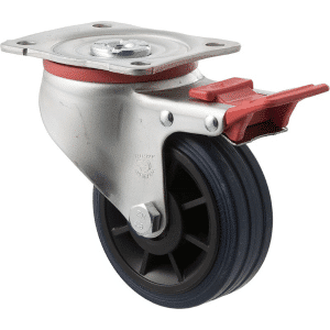 J Series 100mm castor, 32mm tread, blue high-resilience (hi-res) rubber wheel, roller bearing, swivel plate, total brake, zinc fork, 150 kg load rating.