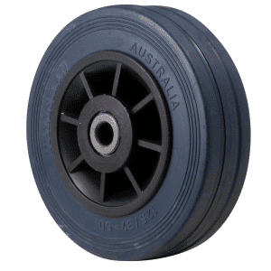 J Series, 125mm x 32mm blue high-resilience (hi-res) rubber wheel, roller bearing, 180 kg load rating.