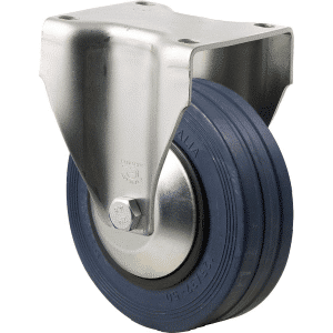 J Series castor, 125mm x 32mm blue high-resilience (hi-res) rubber wheel, thread guard, roller bearing, fixed plate, zinc fork, 180 kg load rating.