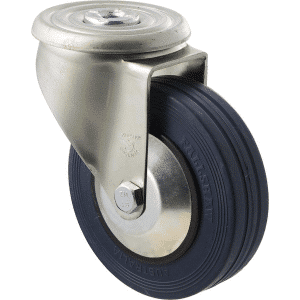 J Series castor, 125mm x 32mm blue high-resilience (hi-res) rubber wheel, thread guard, roller bearing, swivel bolt hole, zinc fork, 180 kg load rating.