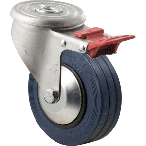 J Series castor, 125mm x 32mm blue high-resilience (hi-res) rubber wheel, thread guard, roller bearing, swivel bolt hole, total brake, zinc fork, 180 kg load rating.