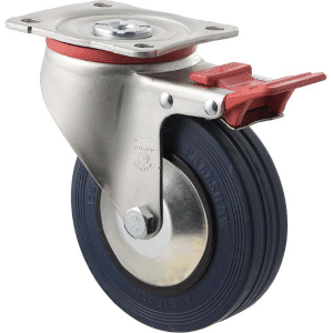 J Series castor, 125mm x 32mm blue high-resilience (hi-res) rubber wheel, thread guard, roller bearing, swivel plate, total brake, zinc fork, 180 kg load rating.
