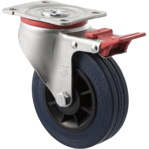 J Series castor, 125mm x 32mm blue high-resilience (hi-res) rubber wheel, roller bearing, swivel plate, total brake, zinc fork, 180 kg load rating.