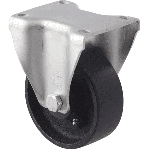 J Series castor, 100mm x 38mm specialised high/low- temperature-resistant cast iron wheel, plain bearing, fixed plate, zinc plated fork, 230 kg load rating.