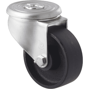J Series castor, 100mm x 38mm specialised high/low- temperature-resistant cast iron wheel, plain bearing, swivel bolt hole, zinc plated fork, 230 kg load rating.