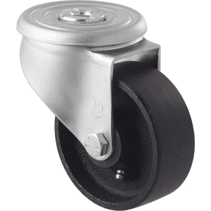 J Series castor, 100mm x 38mm specialised low-temperature (freeze-resistant) cast iron wheel, plain bearing, swivel bolt hole, zinc plated fork, 230 kg load rating.