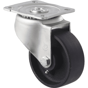 J Series castor, 100mm x 38mm specialised high/low- temperature-resistant cast iron wheel, plain bearing, swivel plate, zinc plated fork, 230 kg load rating.