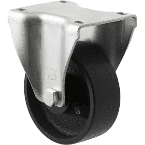 J Series castor, 100mm x 38mm cast iron wheel, roller bearing, fixed plate, zinc plated fork, 230 kg load rating.