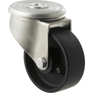 J Series castor, 100mm x 38mm cast iron wheel, roller bearing, bolt hole, zinc plated fork, 230 kg load rating.