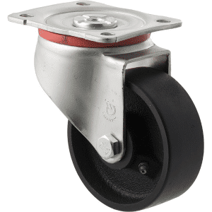 J Series castor, 100mm x 38mm cast iron wheel, roller bearing, swivel plate, zinc plated fork, 230 kg load rating.