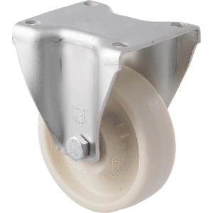 J Series castor, 100mm x 32mm specialised glass-reinforced nylon wheel, heavy hub, plain bearing, fixed plate, zinc plated fork, 100 kg load rating.
